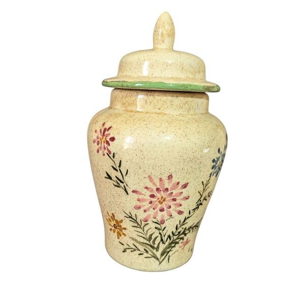 Hand-Painted Floral Ceramic Ginger Jar With Lid 7.5" Tall Vintage Speckled Beige - Picture 2 of 8